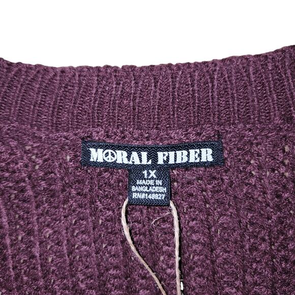 Moral Fiber Sweater Wine Red Distressed Knit Long Sleeves V Neck Size 1X - Picture 3 of 6